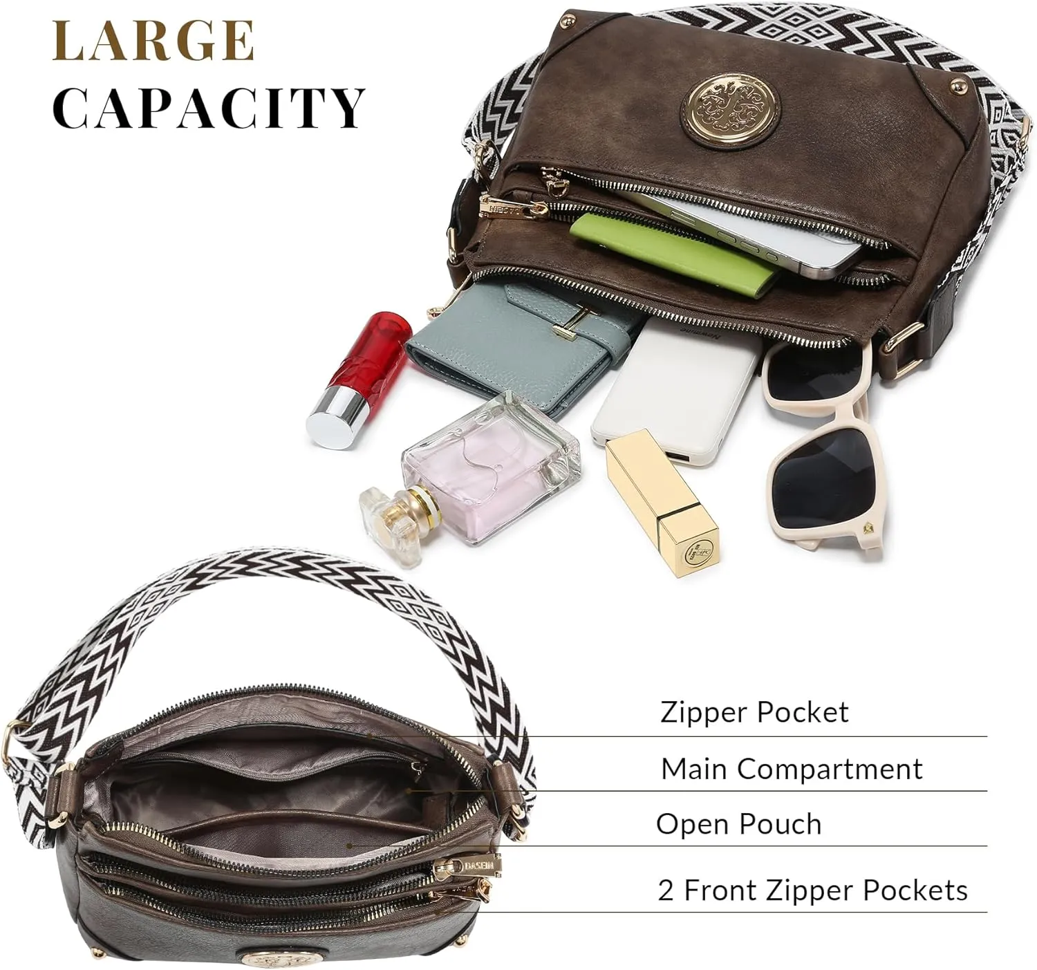 Dasein Crossbody Purses for Women Trendy Multi Pockets Shoulder Bag Medium Handbags with Guitar Strap