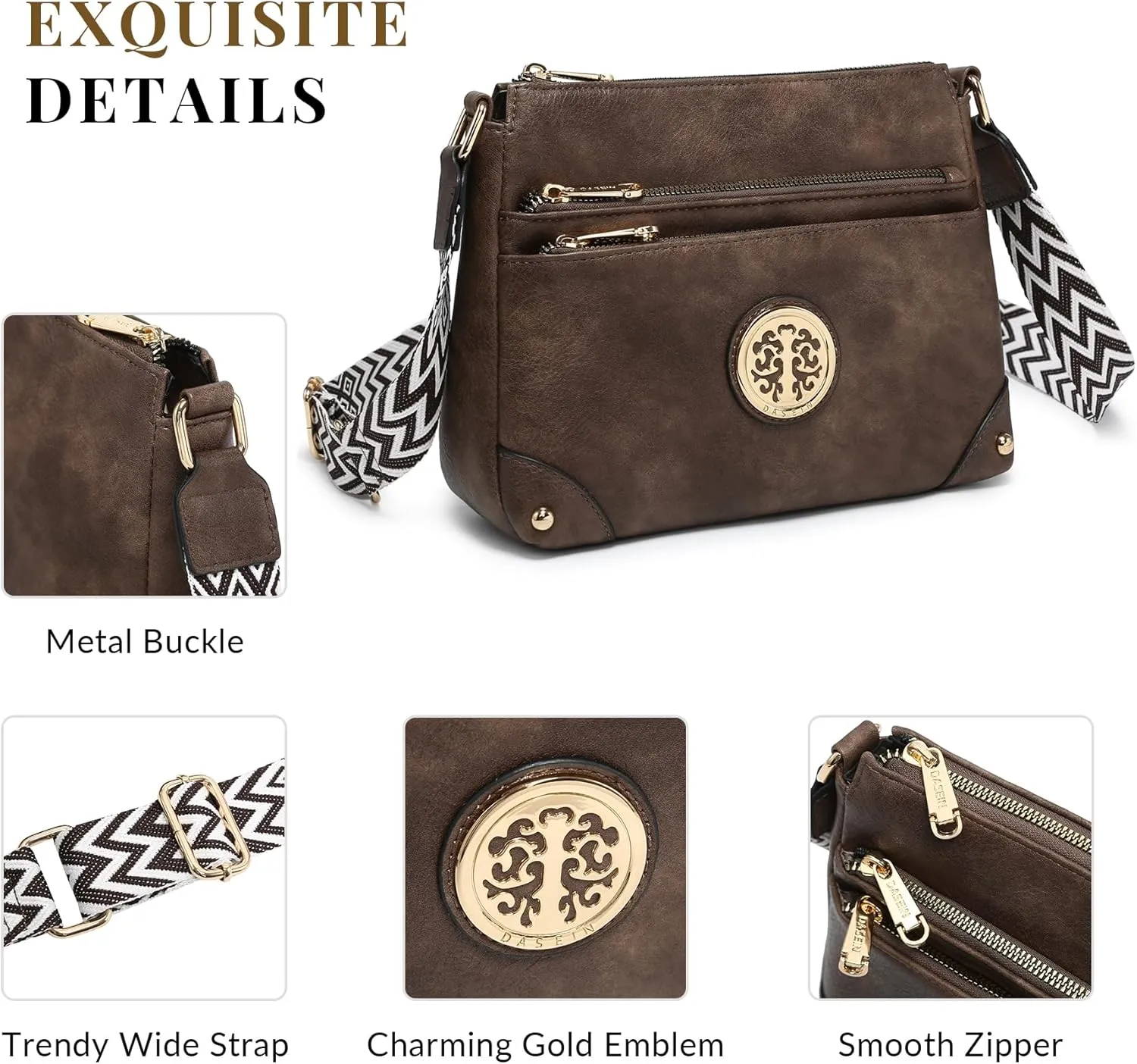 Dasein Crossbody Purses for Women Trendy Multi Pockets Shoulder Bag Medium Handbags with Guitar Strap