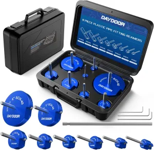 DAYDOOR PVC Pipe Reamer Kit, PVC Fitting Saver Contains 1/2'', 3/4'', 1'', 1 1/4'', 1 1/2'', 2'', 3'', 4'', Fit into Standard 1/2" Drill, for Use with Sch. 40 PVC, CPVC or ABS Fittings-8PCS