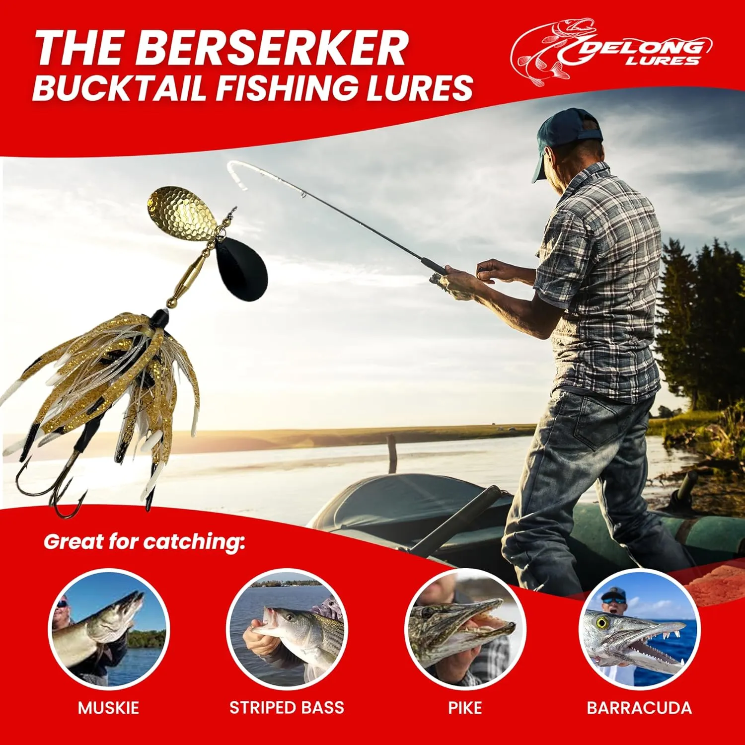 Delong Lures - The Berserker, Bucktail Fishing Lures - Bucktail Jig with Inline Spinner, Musky & Pike Baits Spinnerbaits, Tackle for Freshwater and Saltwater Fishing, Made in USA