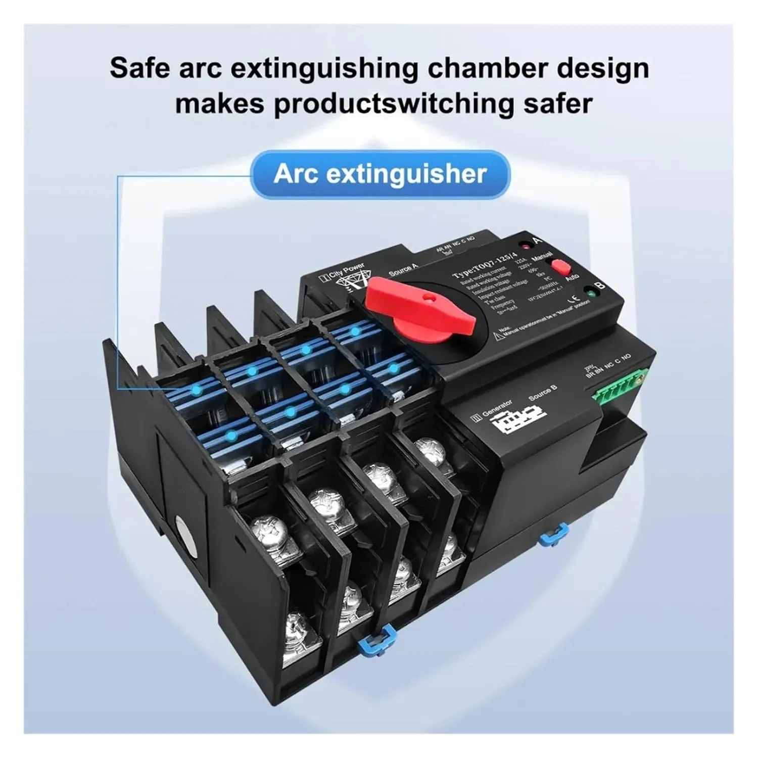 Din Rail 3 Phase ATS 4P 63A 100A 125A 220V 230V Dual Power Automatic Transfer Electrical Selector Switch Uninterrupted(125A)