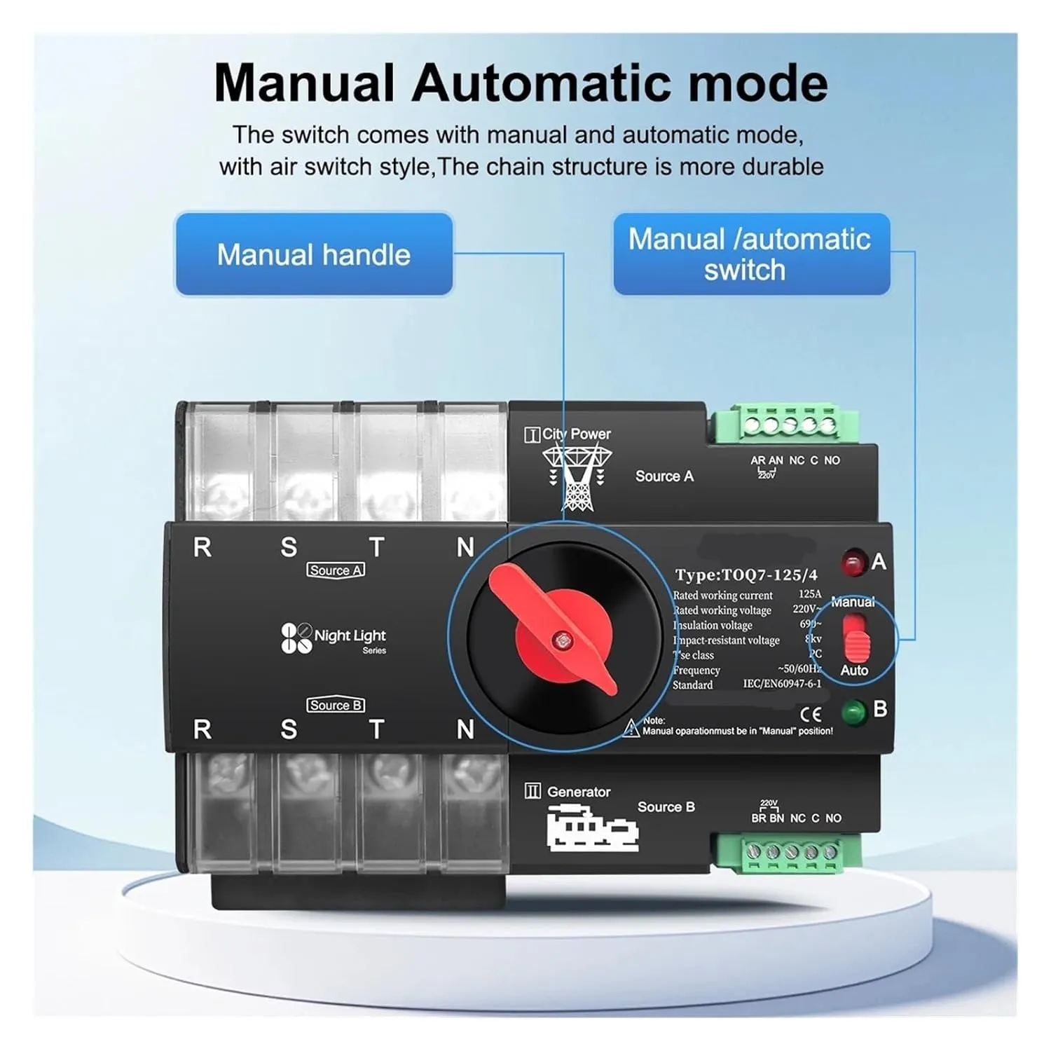 Din Rail 3 Phase ATS 4P 63A 100A 125A 220V 230V Dual Power Automatic Transfer Electrical Selector Switch Uninterrupted(125A)