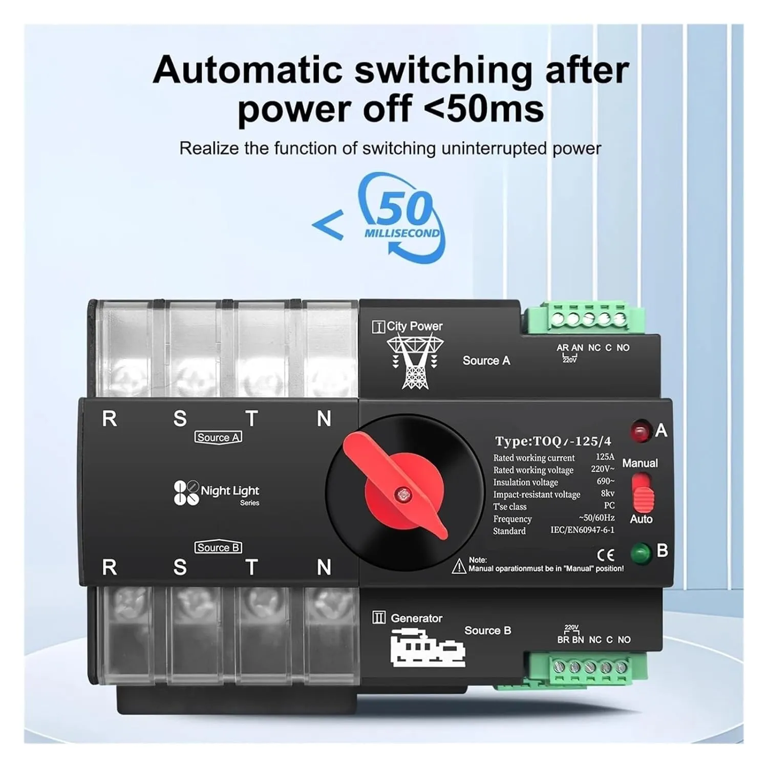 Din Rail 3 Phase ATS 4P 63A 100A 125A 220V 230V Dual Power Automatic Transfer Electrical Selector Switch Uninterrupted(125A)