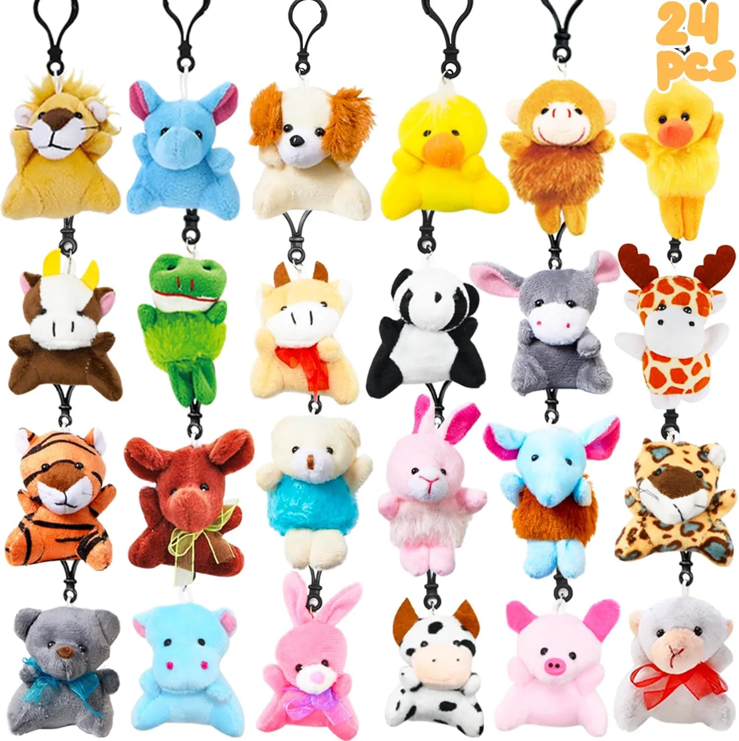 DINESIL 24 Pack Mini Plush Animals Toys, Small Stuffed Animal Plush Keychain Set for Goodie Bag Fillers, Easter Basket Stuffers, Easter Party Favors, Classroom Prizes