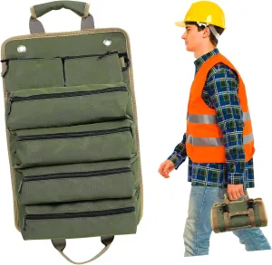 DOITOOL Heavy Duty Tool Organizer Bag Tool Roll Organizer Pockets Portable Tool Roll Pouch for Electricians Oxford Cloth Green