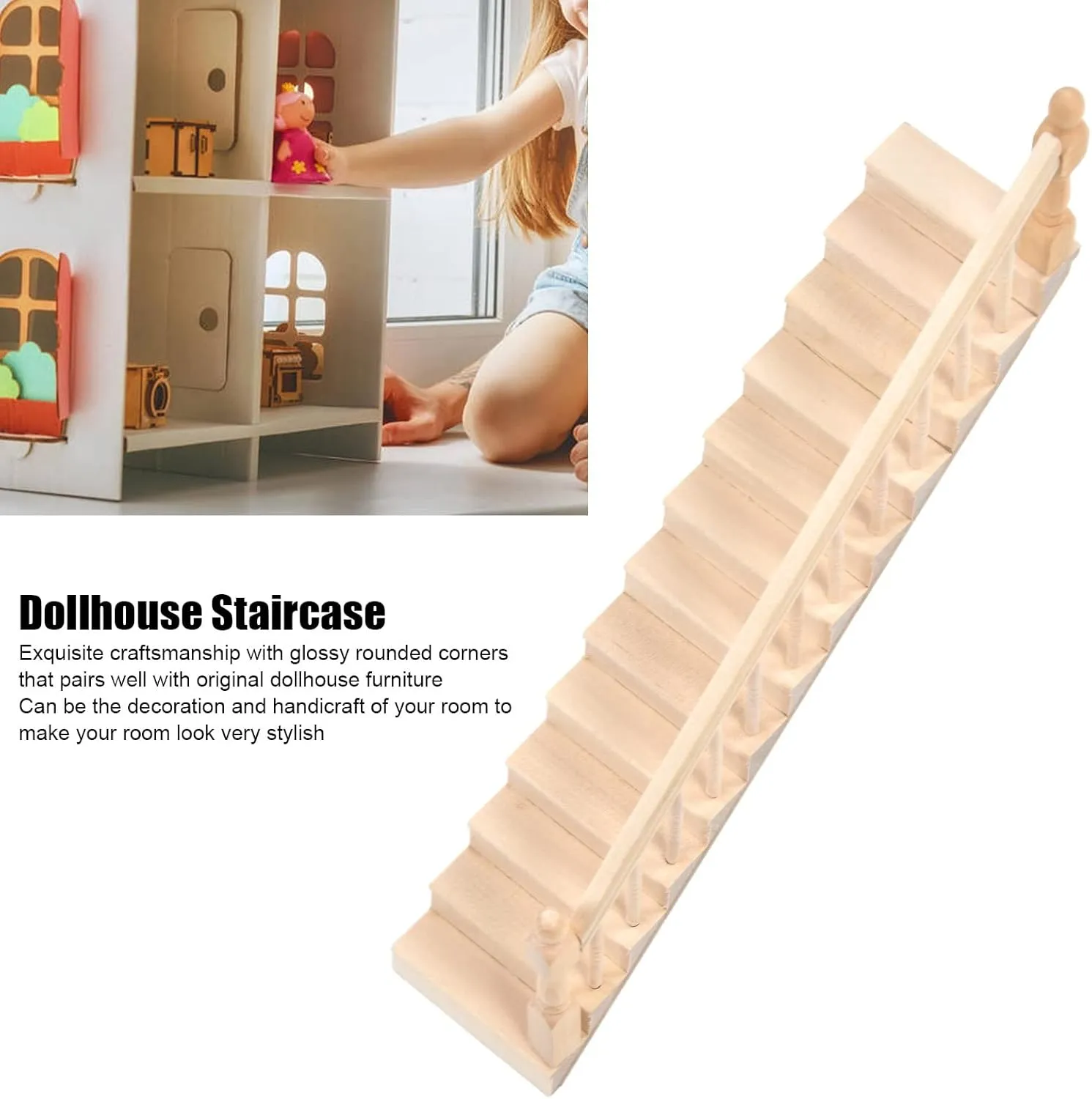 Doll House Stairs, Birch Wooden Mini Staircase Vivd Cute 1/12 Scale Doll House Stairs Glossy Rounded Corners Attractive Decor for Crafts (Right armrest)