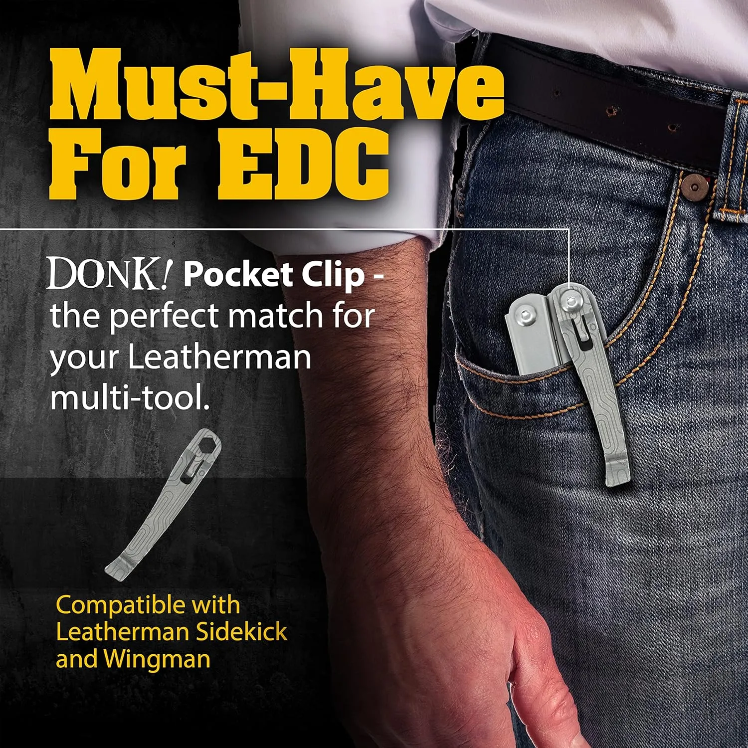 Donk! Titanium Pocket Clip. Made for Leatherman Wingman & Leatherman Sidekick. 5 Designs to Customize Your Multi-Tool. Extra Carry Options 'Norwegian Wood Black Etch'