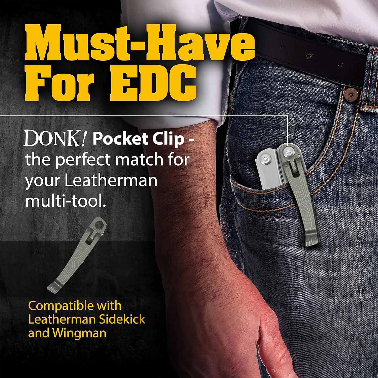 Donk! Titanium Pocket Clip. Made for Leatherman Wingman & Leatherman Sidekick. 5 Designs to Customize Your Multi-Tool. Extra Carry Options 'Norwegian Wood Silver Etch'