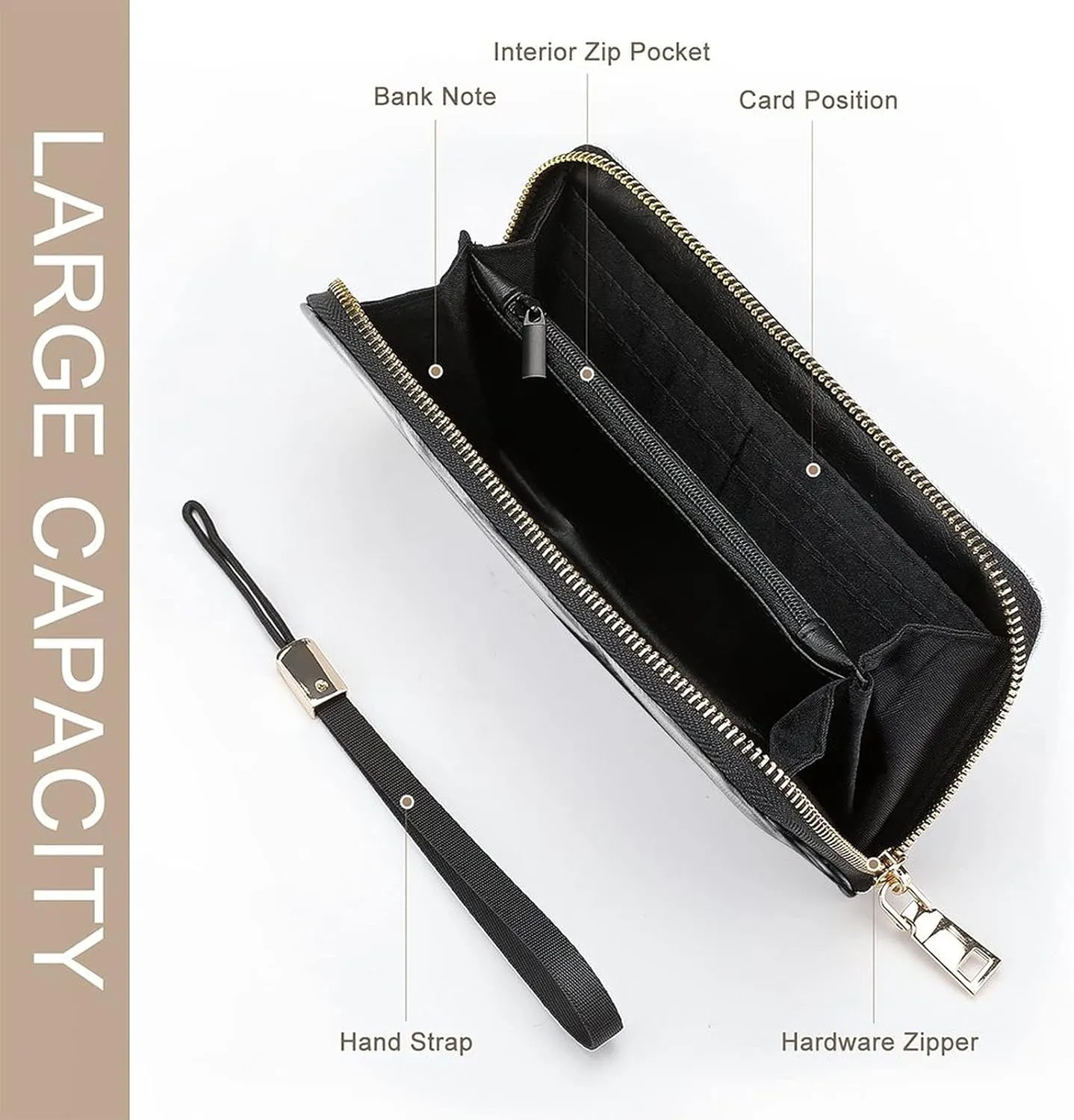 Donnapink Long Clutch Wallet, Long Handbag with Wristlet Strap, PU Leather Zip Purse