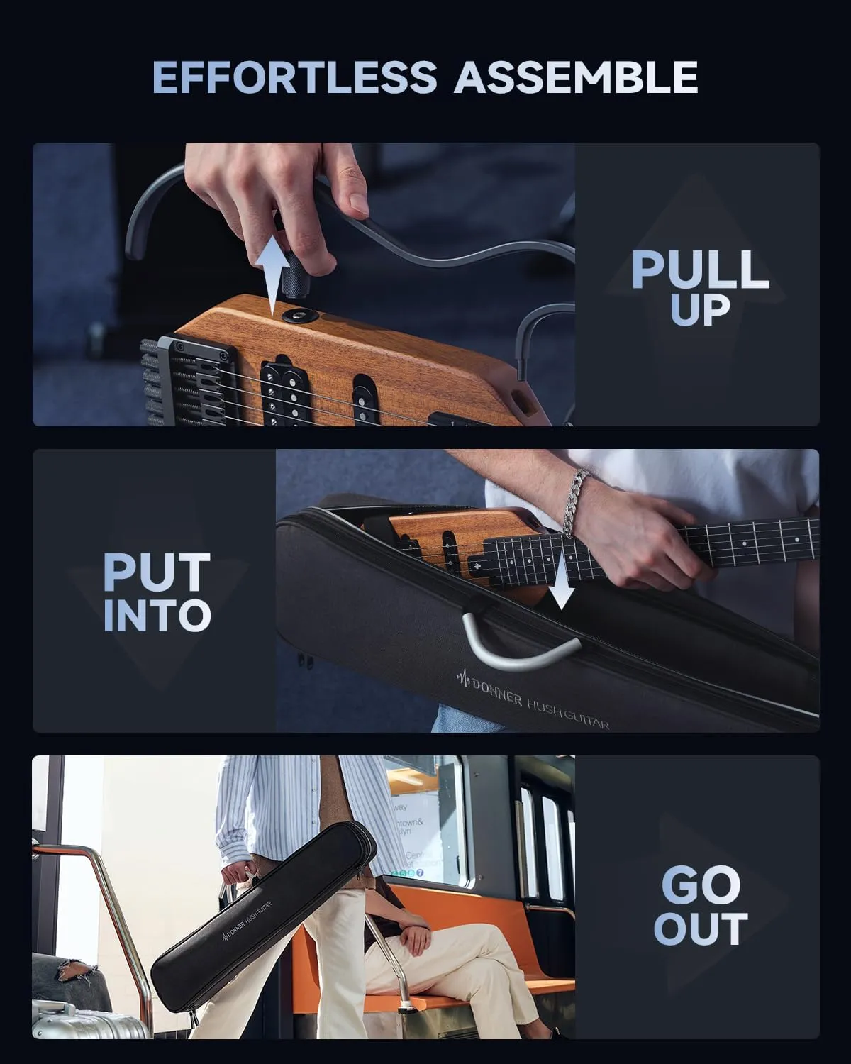 Donner HUSH X Electric Guitar Kit - Featherlight Headless Guitar, Great for Travel and Practice, Mahogany Solid Body with Easy Assemble Stands, Gig Bag, All Accessories, Natural