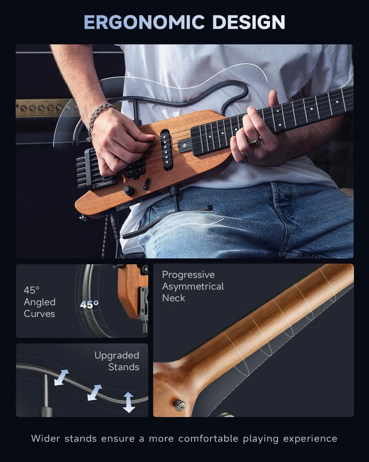 Donner HUSH X Electric Guitar Kit - Featherlight Headless Guitar, Great for Travel and Practice, Mahogany Solid Body with Easy Assemble Stands, Gig Bag, All Accessories, Natural