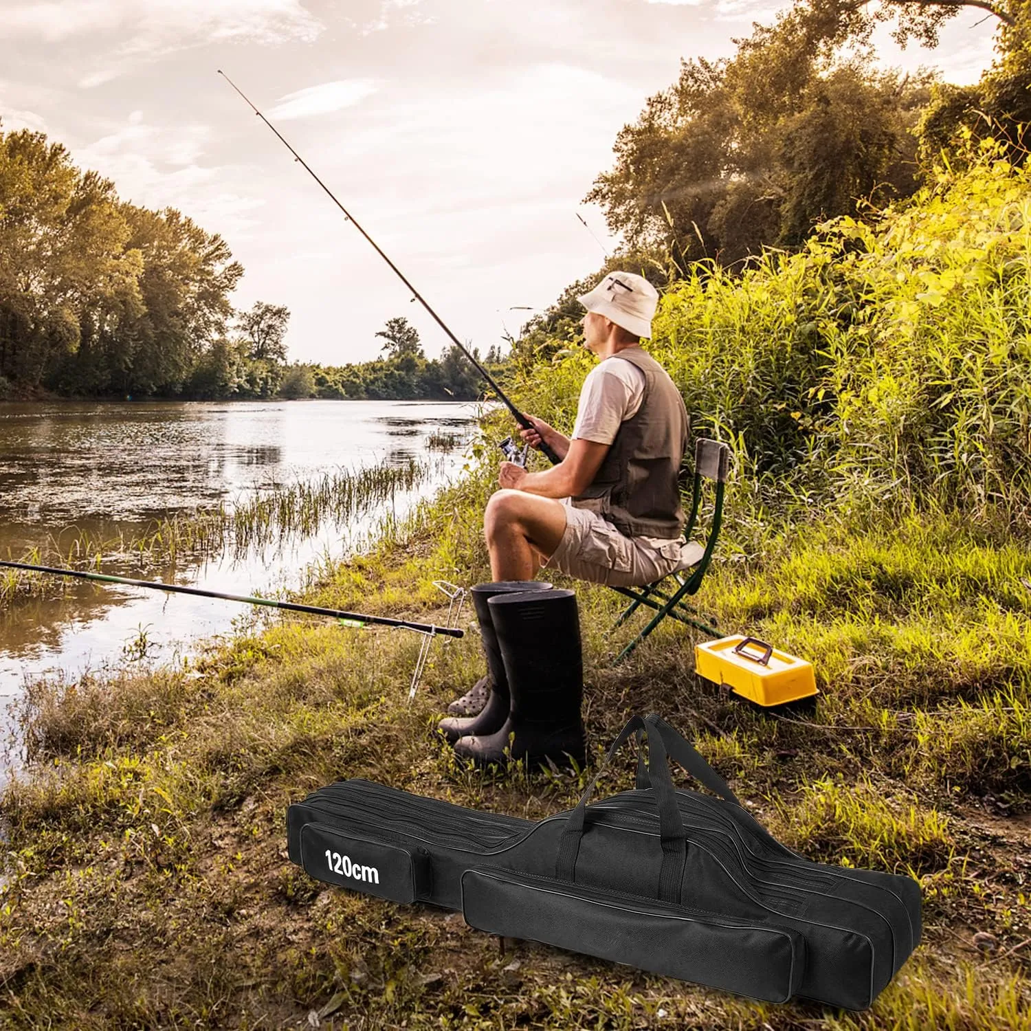 Doorslay Fishing Rod Case - Three Layer Oxford Portable Folding Fishing Pole Bag - Outdoor Waterproof Tackle Storage Travel Bag