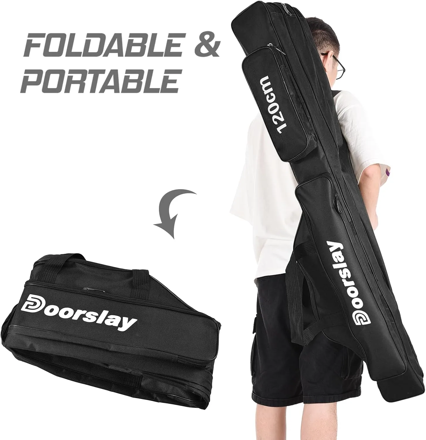 Doorslay Fishing Rod Case - Three Layer Oxford Portable Folding Fishing Pole Bag - Outdoor Waterproof Tackle Storage Travel Bag