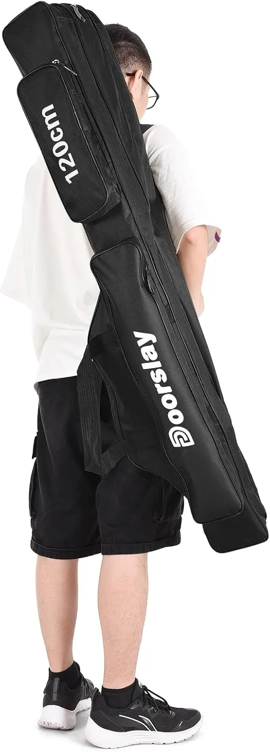 Doorslay Fishing Rod Case - Three Layer Oxford Portable Folding Fishing Pole Bag - Outdoor Waterproof Tackle Storage Travel Bag