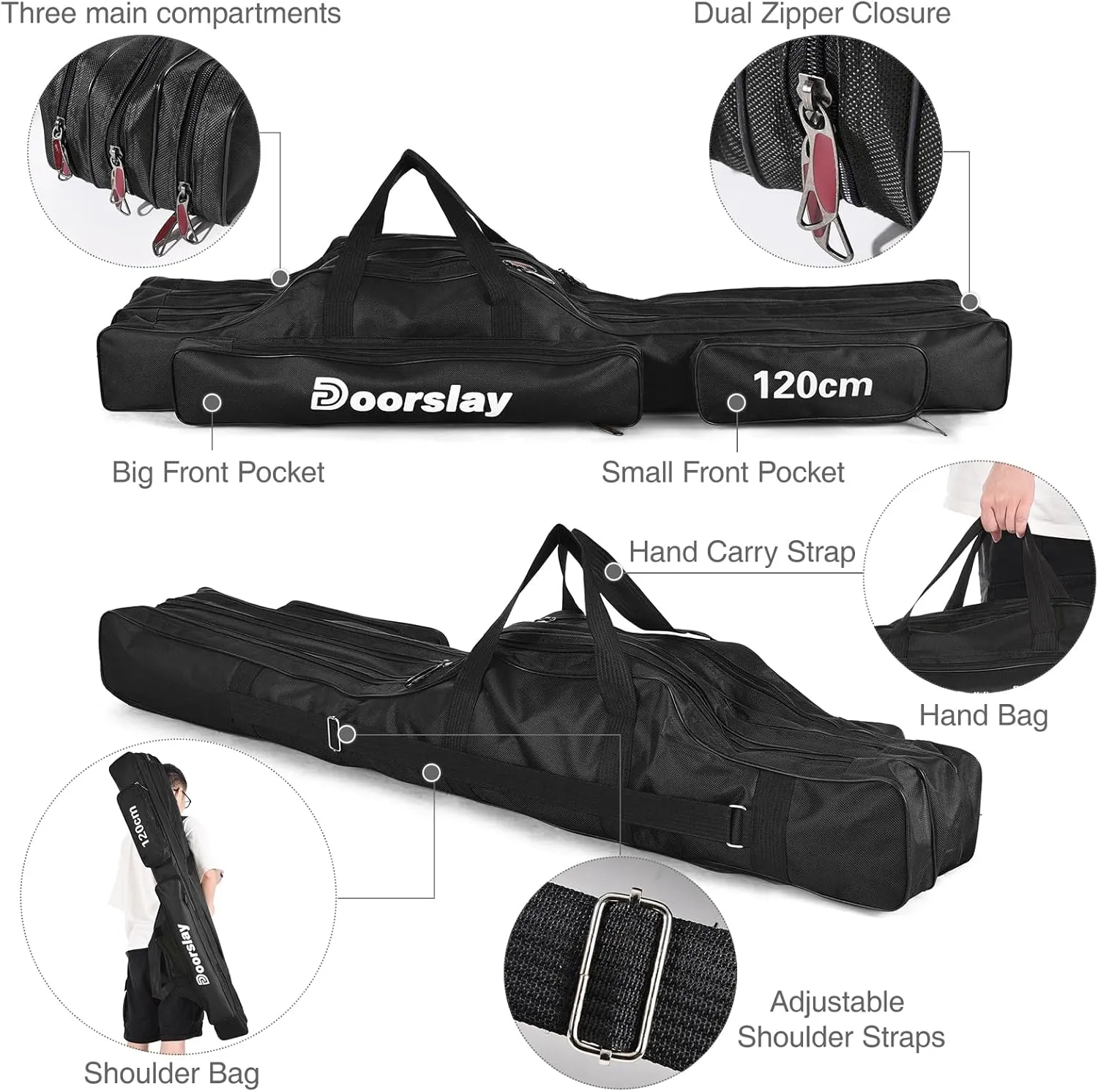 Doorslay Fishing Rod Case - Three Layer Oxford Portable Folding Fishing Pole Bag - Outdoor Waterproof Tackle Storage Travel Bag