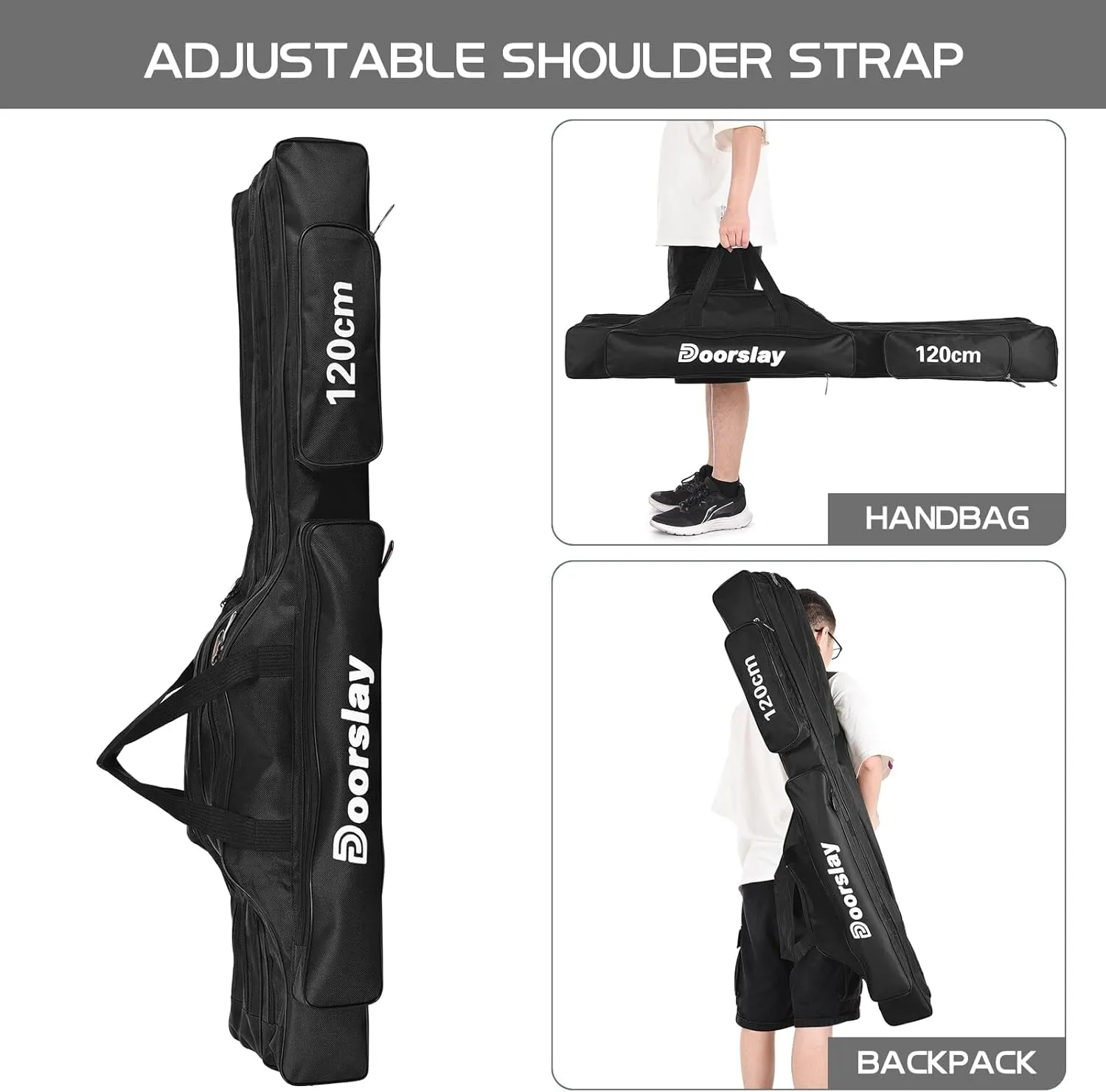 Doorslay Fishing Rod Case - Three Layer Oxford Portable Folding Fishing Pole Bag - Outdoor Waterproof Tackle Storage Travel Bag