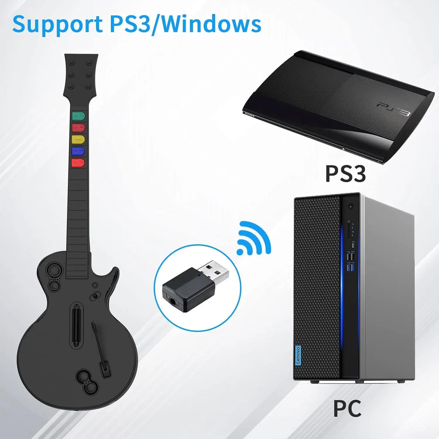 DOYO Guitar Hero Controller for PC and PS3, Wireless Guitar for Guitar Hero 3/4/5 and Rock Band 1/2 Games, Guitar Hero Guitar with Straps & Wireless Dongle, Black/5 Keys