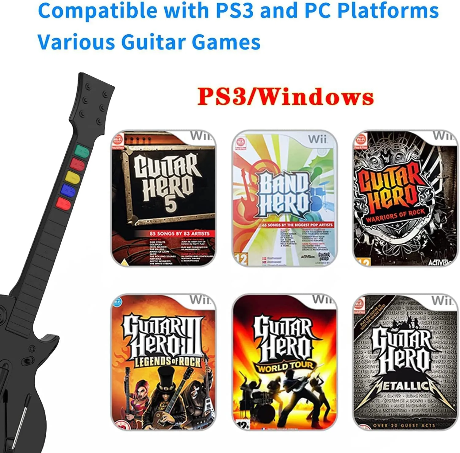 DOYO Wireless Controller for PC and PS3 - Guitar Hero 3/4/5 and Rock Band 1/2 Games - Guitar with Strap (5 Keys/Black)
