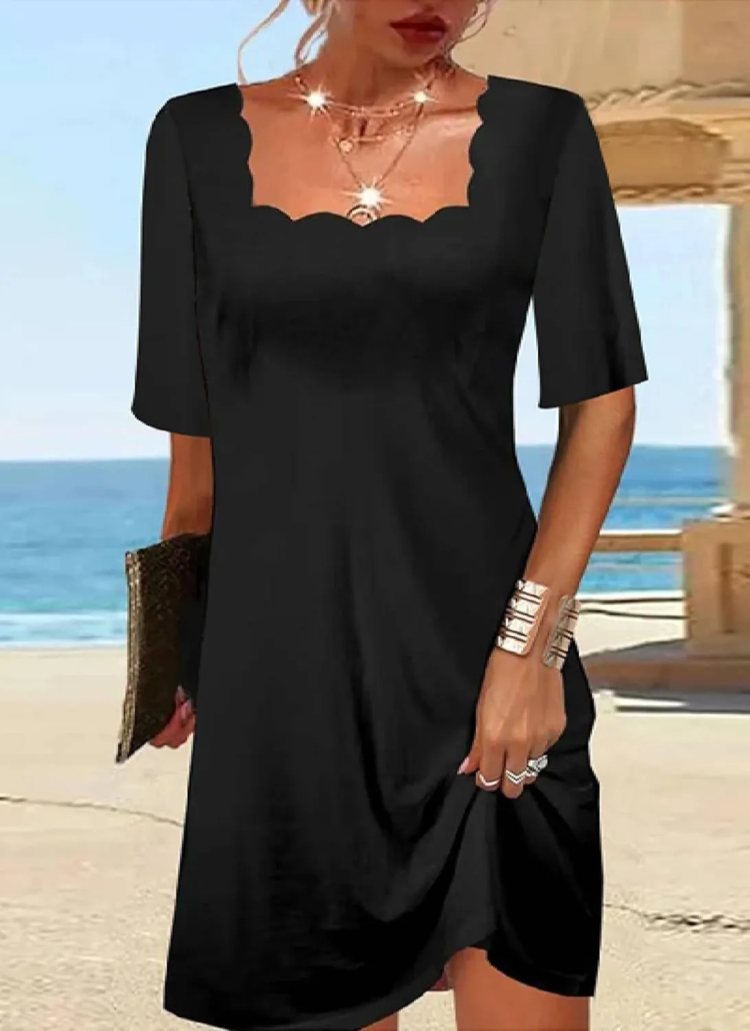 Dresses for Women Cool Plain Black Square Neck Short Sleeve Mini Dress Fashion Beach Vacation Party Club Outfits