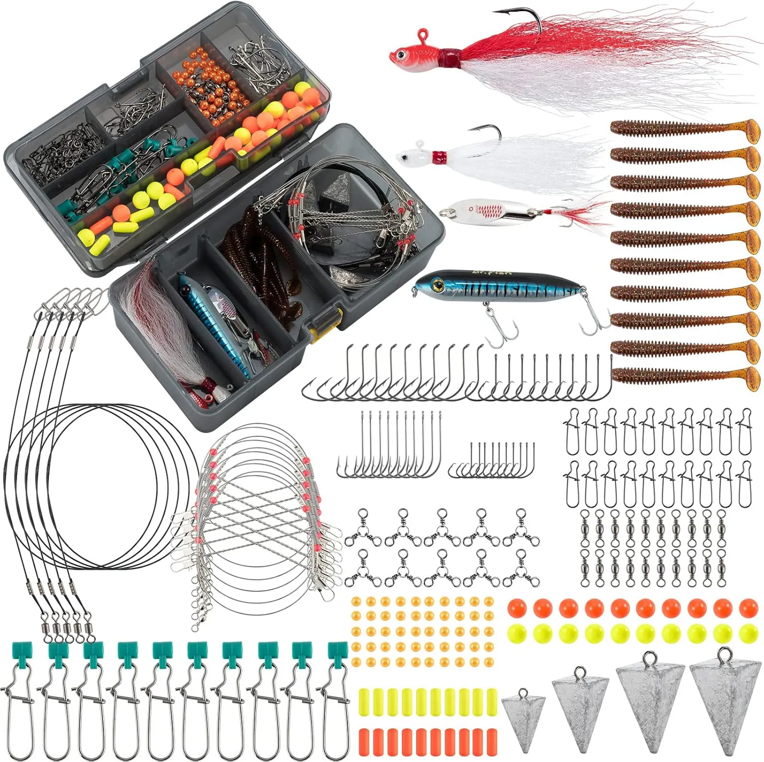 Dr.Fish 269 Pieces Surf Fishing Tackle Box Kit, Saltwater Ocean Beach Fishing Gear Supplies, Lure&Rig Accessories, Bucktail Jigs Saltwater Lures Walking Bait Surf Casting Pyramid Sinkers