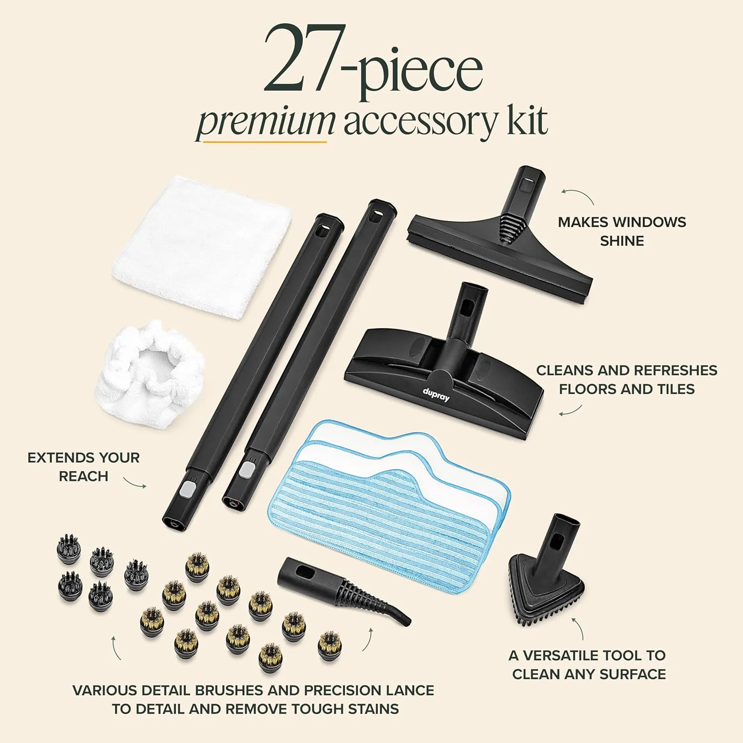 Dupray Neat Steam Cleaner with 27-Piece Accessory Kit – High-Performance Chemical-Free Cleaning for Floors, Cars, Tiles, and More (including a total of 11 brass brushes)