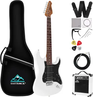 EASTROCK 39 inch Full-Size Electric Guitar Kit for Beginner Starter with 10w Amp, Bag, Capo, Shoulder Strap, String, Cable, Picks. (39" Right Handed, White)