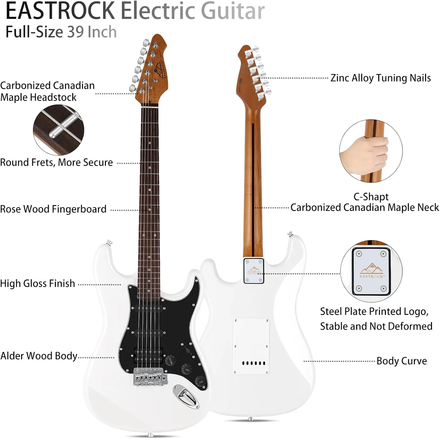 EASTROCK 39 inch Full-Size Electric Guitar Kit for Beginner Starter with 10w Amp, Bag, Capo, Shoulder Strap, String, Cable, Picks. (39" Right Handed, White)