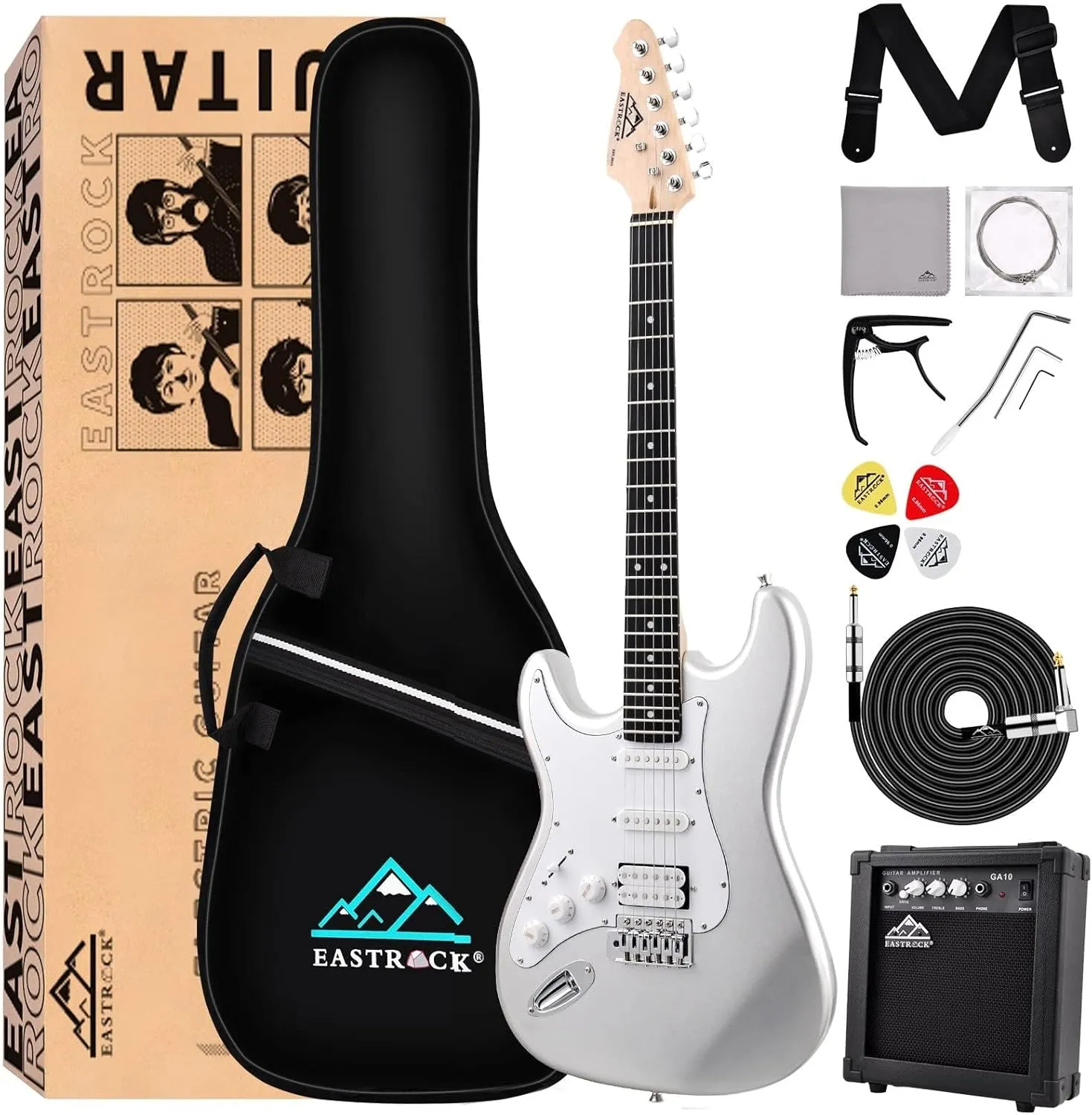 EASTROCK 39 inch Full-Size Electric Guitar Kit for Beginner Starter with 10w Amp, Bag, Capo, Shoulder Strap, String, Cable, Picks.(39" Left Handed, Silver Gray) Not Contain a Battery