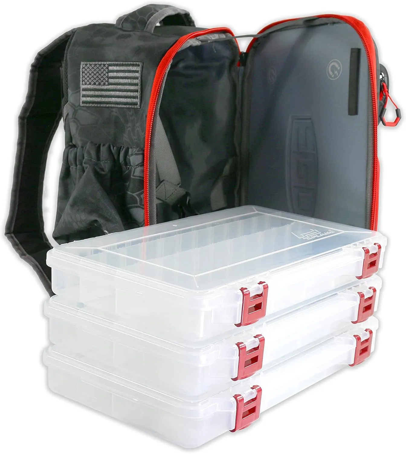 EGO Kryptek Tactical Tackle Box Backpack, Durable Fishing Tool Bag, 1000D Nylon Fabric with PVC Back, Water-Resistant, Multiple Storage Pockets, Laser-Cut Molle Loops, Includes 4 Tackle Trays