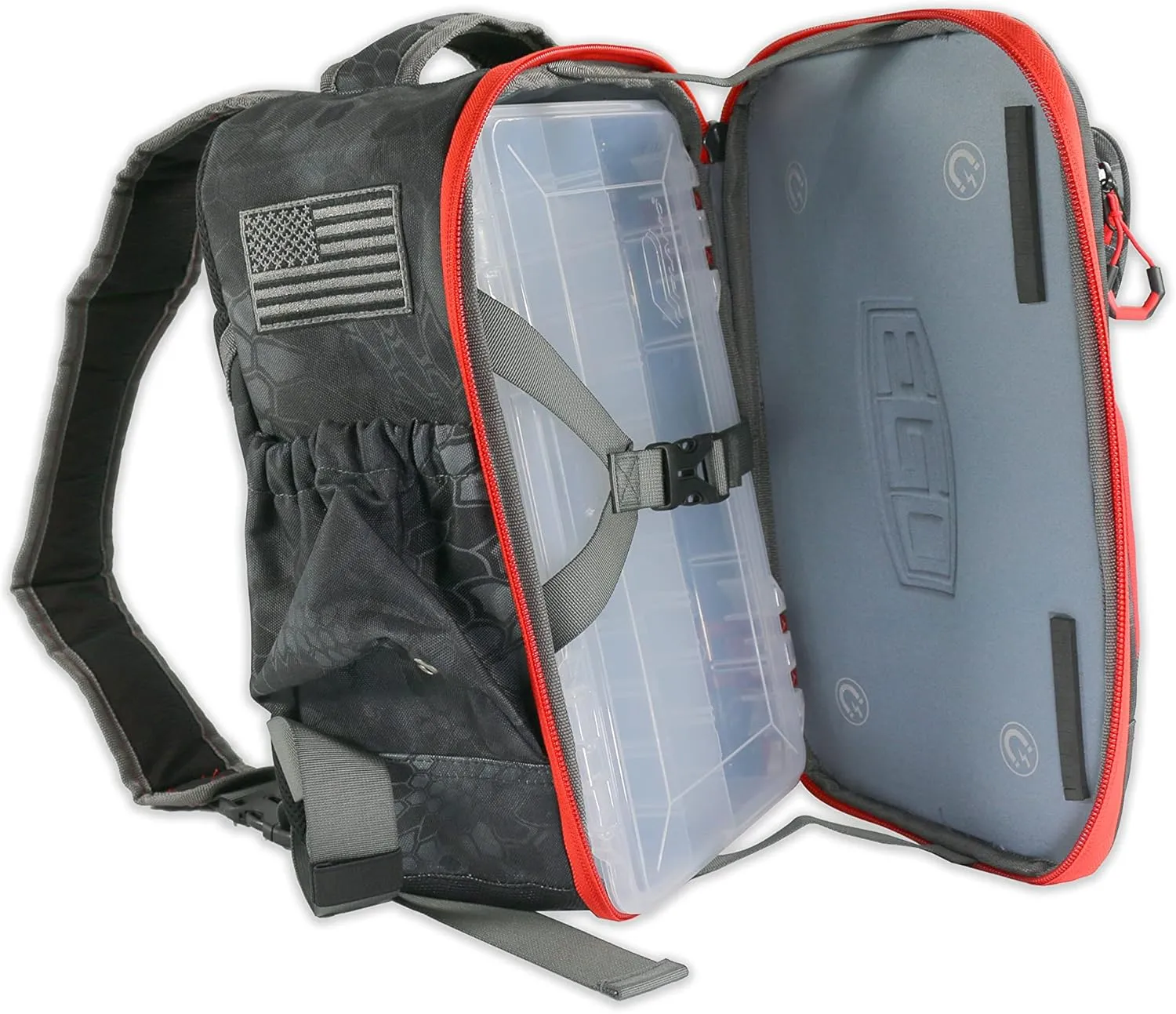EGO Kryptek Tactical Tackle Box Backpack, Durable Fishing Tool Bag, 1000D Nylon Fabric with PVC Back, Water-Resistant, Multiple Storage Pockets, Laser-Cut Molle Loops, Includes 4 Tackle Trays