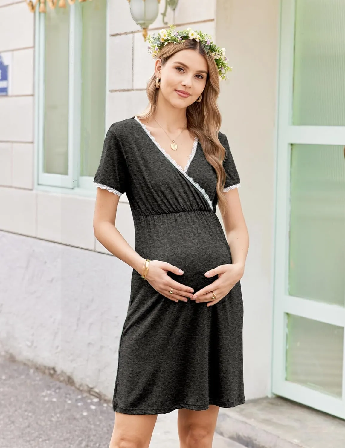 Ekouaer Nursing Nightgown Delivery and Labor Gown for Hospital Short Sleeve Maternity Breastfeeding Dress