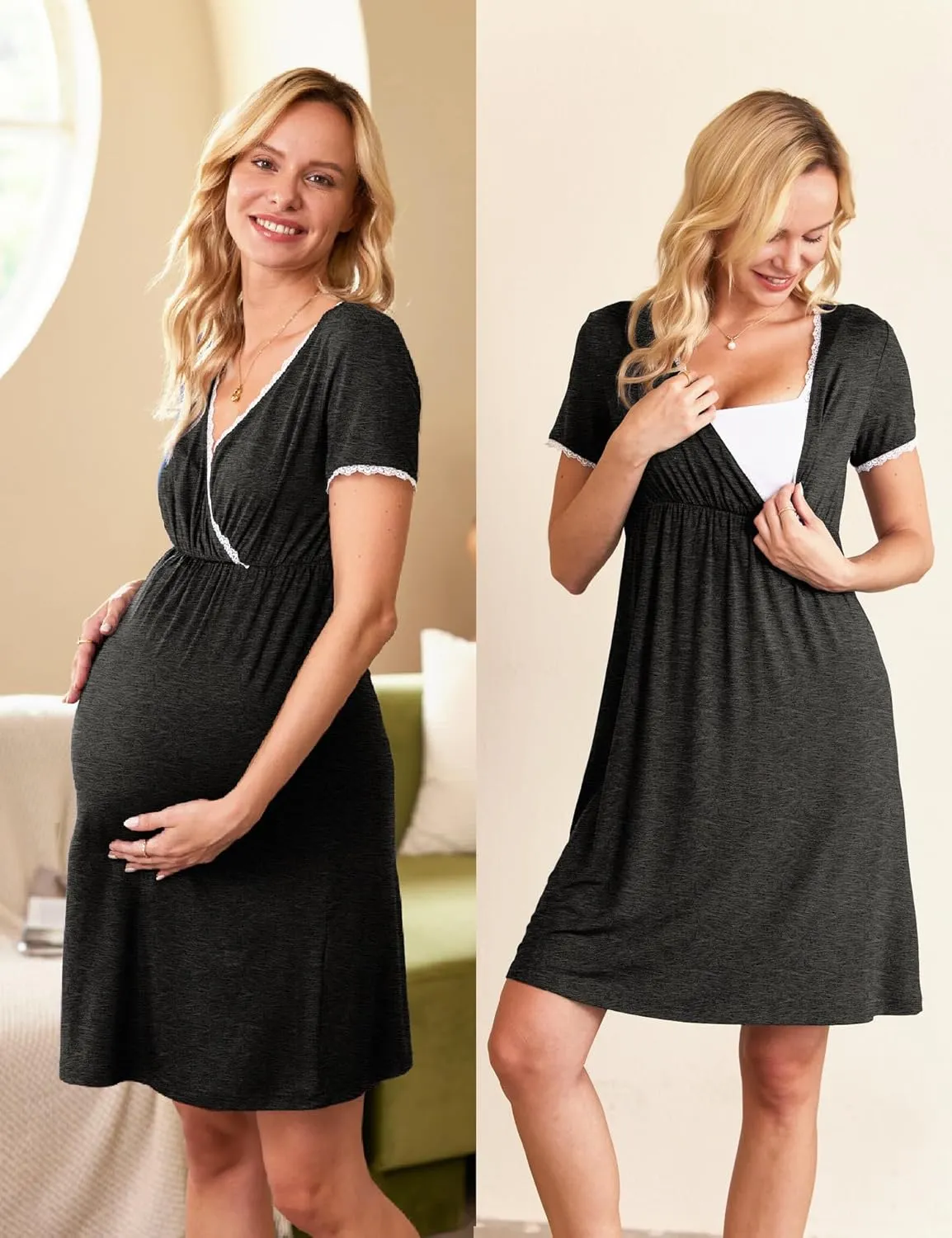 Ekouaer Nursing Nightgown Delivery and Labor Gown for Hospital Short Sleeve Maternity Breastfeeding Dress
