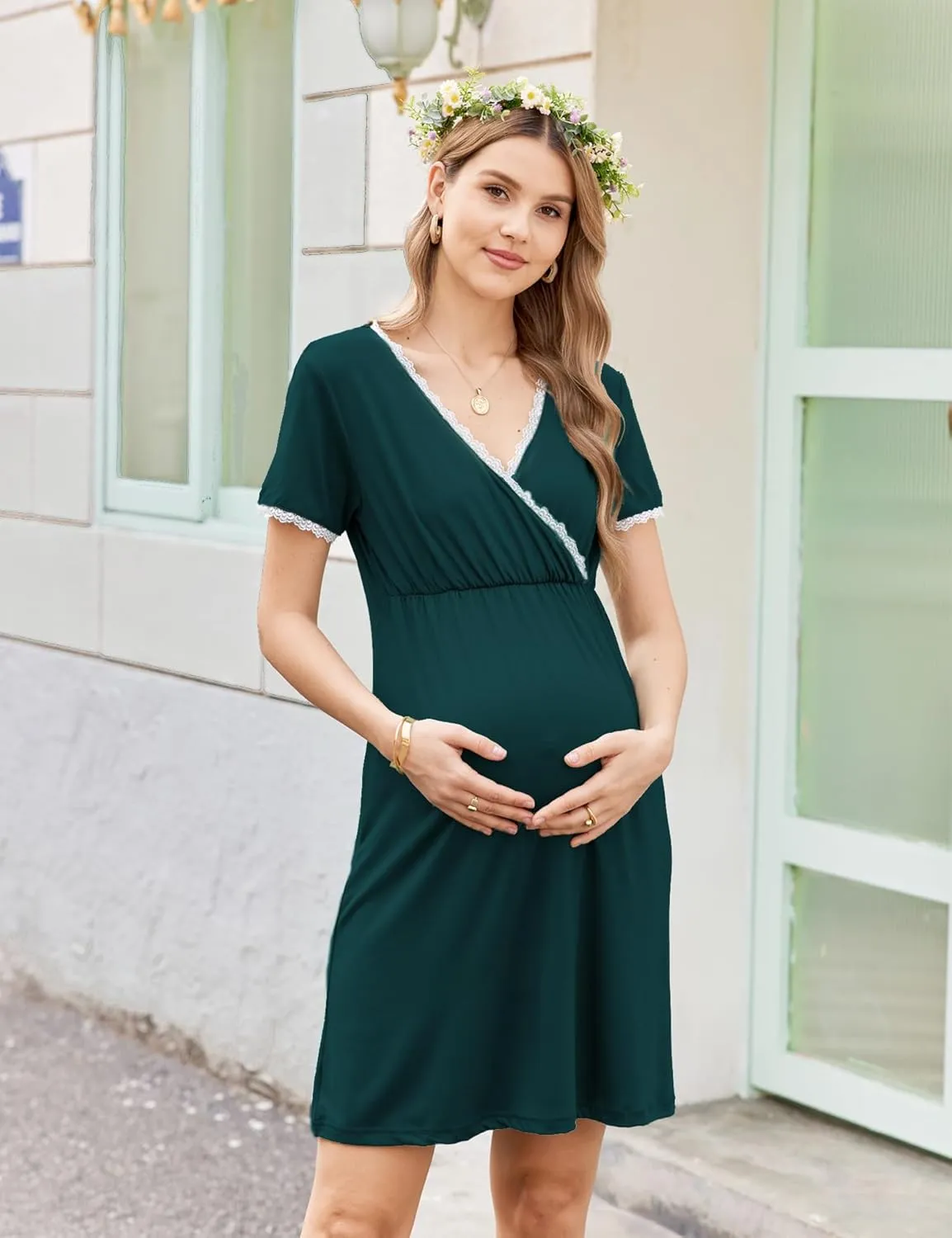 Ekouaer Nursing Nightgown Delivery and Labor Gown for Hospital Short Sleeve Maternity Breastfeeding Dress