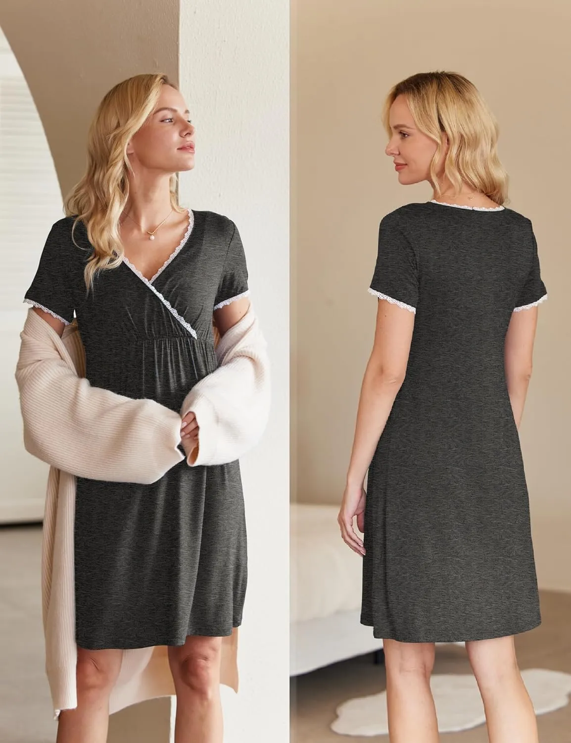 Ekouaer Nursing Nightgown Delivery and Labor Gown for Hospital Short Sleeve Maternity Breastfeeding Dress