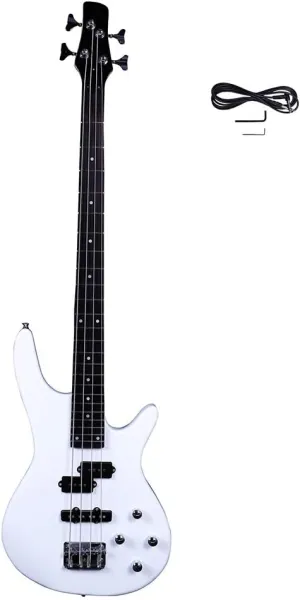 Electric Bass Guitar Full Size 4 String Exquisite Stylish Bass with Power Line and Wrench Tool (White)