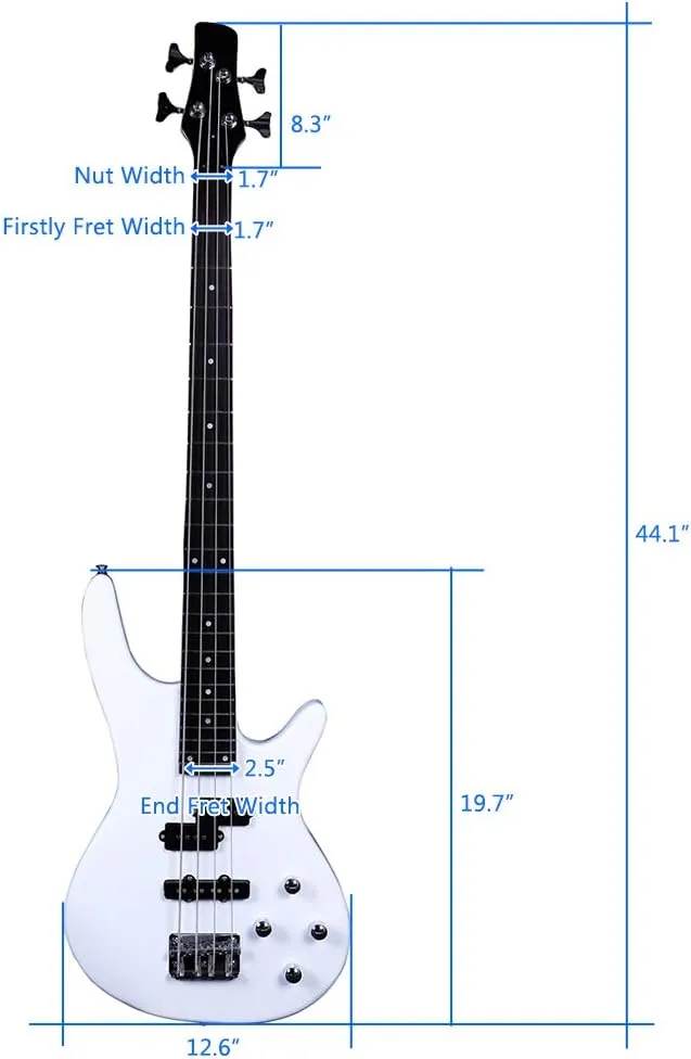 Electric Bass Guitar Full Size 4 String Exquisite Stylish Bass with Power Line and Wrench Tool (White)