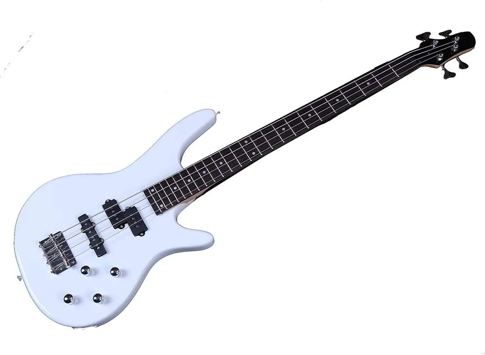 Electric Bass Guitar Full Size 4 String Exquisite Stylish Bass with Power Line and Wrench Tool (White)