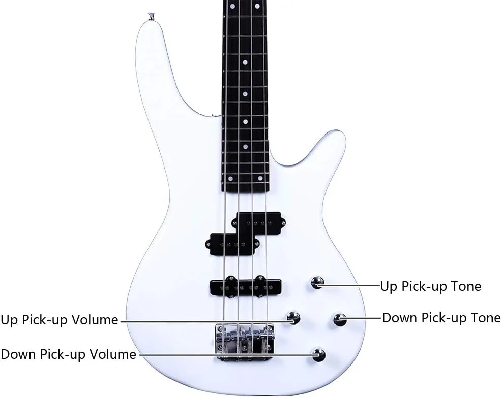 Electric Bass Guitar Full Size 4 String Exquisite Stylish Bass with Power Line and Wrench Tool (White)