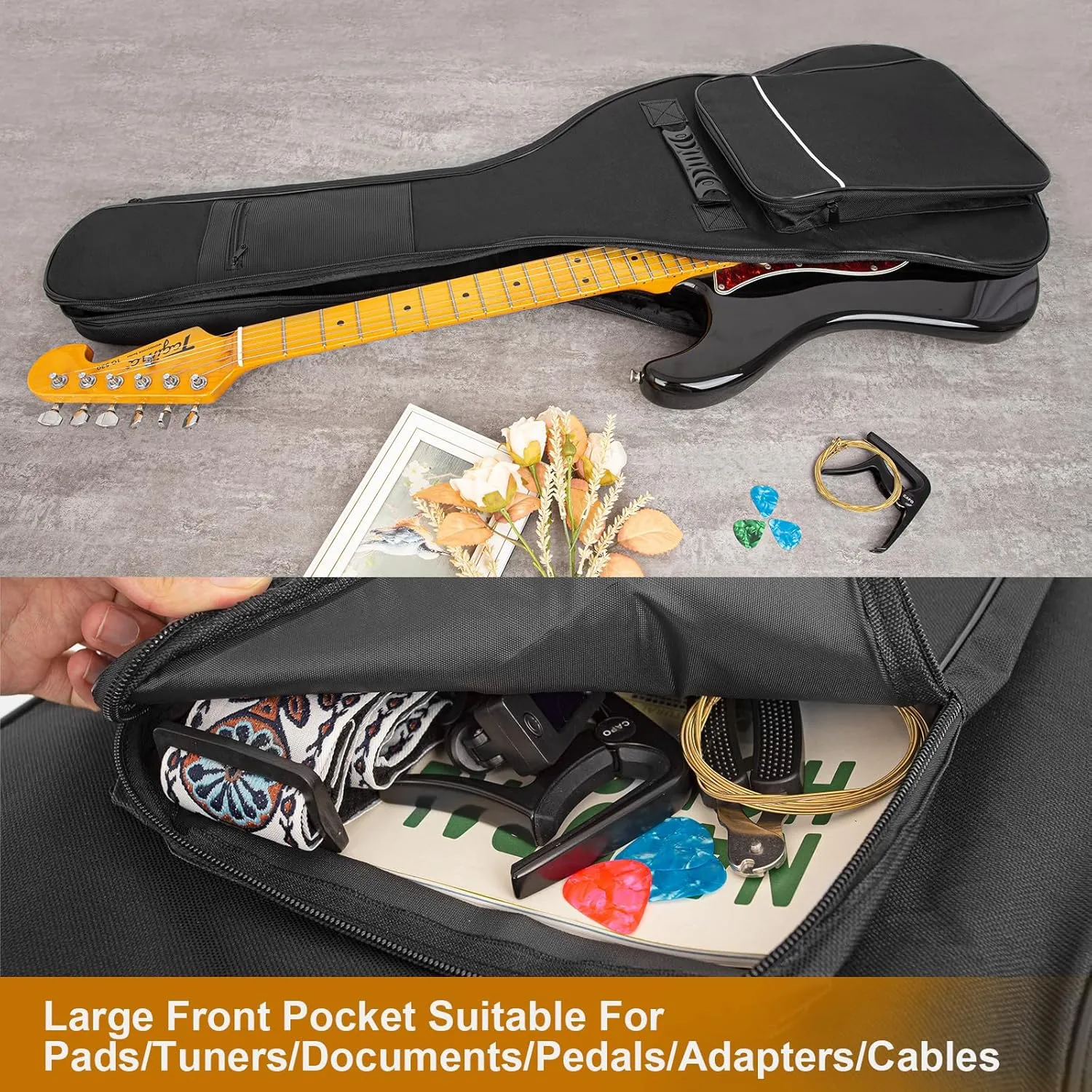 Electric Guitar Gig Bag, Electric Guitar Gig Bag 0.35 Inch Thick Padding Backpack Soft Electric Guitar Bag Dual Adjustable Shoulder Strap Pocket & Back Hanger Loop Black