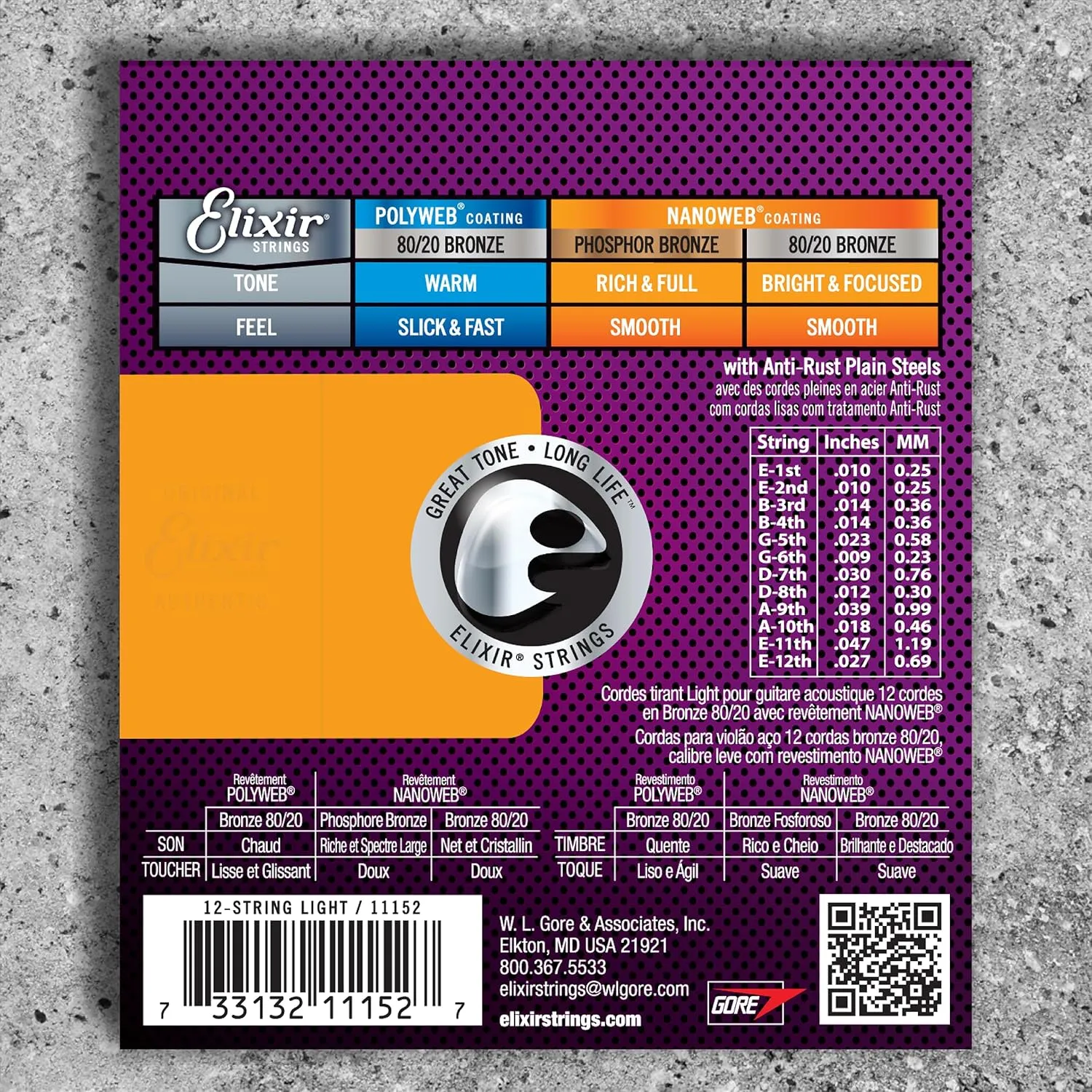 Elixir Strings Acoustic Guitar Strings, 12-String, Light NANOWEB Coating