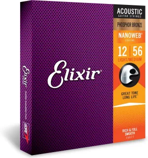 Elixir Strings, Acoustic Guitar Strings, Phosphor Bronze with NANOWEB Coating, Longest-Lasting Rich and Full Tone with Comfortable Feel, 6 String Set, Light/Medium 12-56