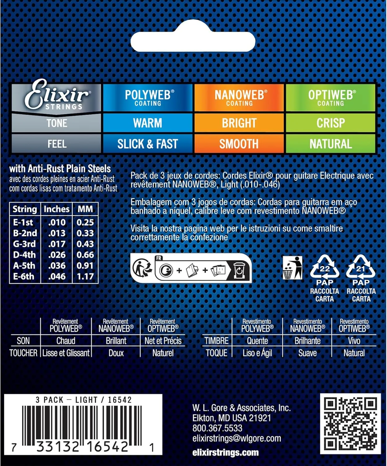 Elixir Strings, Electric Guitar Strings, Nickel Plated Steel with NANOWEB Coating, Longest-Lasting Bright Tone with Comfortable Feel, 6 String Set, 3 Pack, Light 10-46
