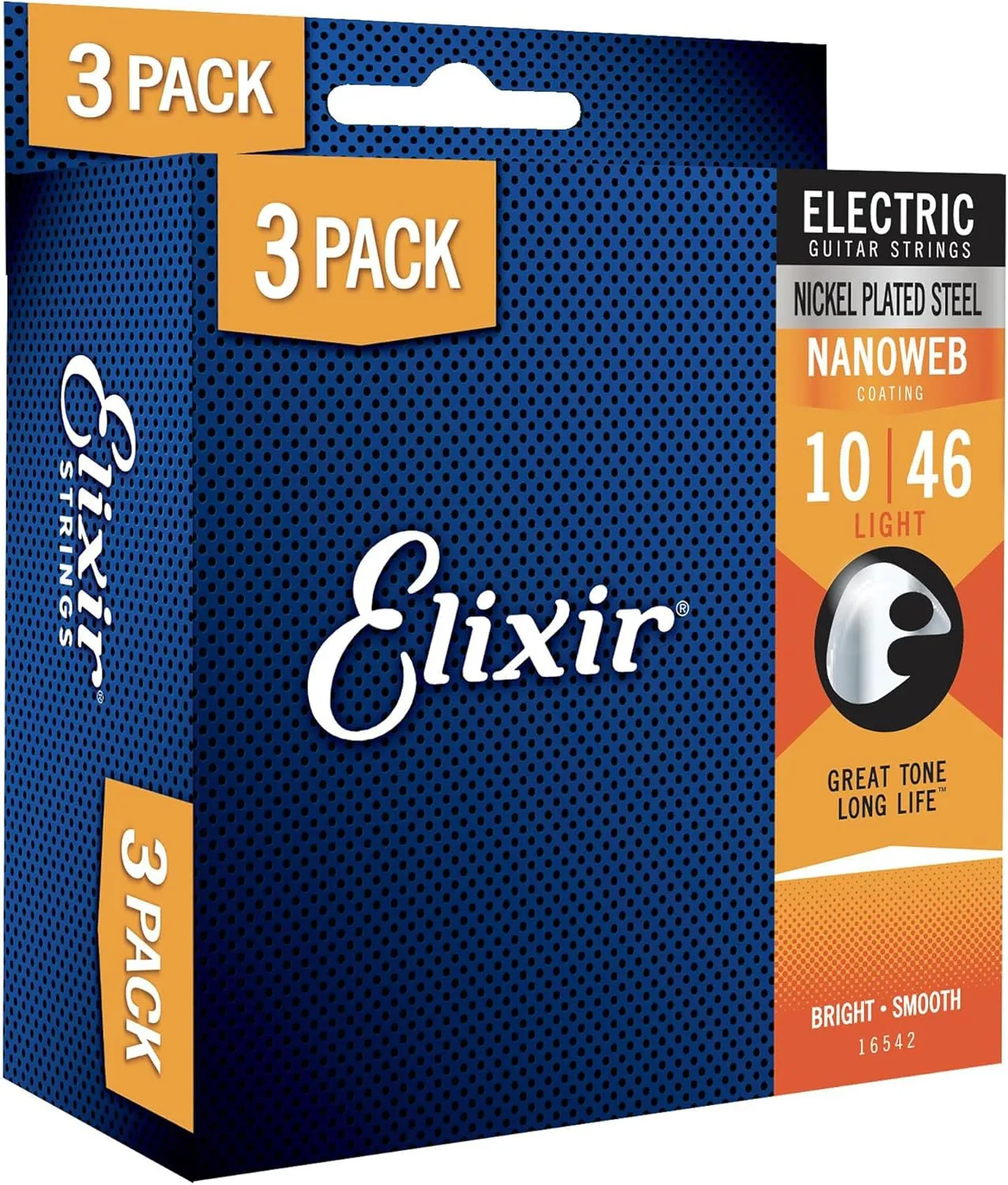 Elixir Strings, Electric Guitar Strings, Nickel Plated Steel with NANOWEB Coating, Longest-Lasting Bright Tone with Comfortable Feel, 6 String Set, 3 Pack, Light 10-46
