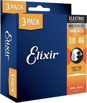 Elixir Strings, Electric Guitar Strings, Nickel Plated Steel with NANOWEB Coating, Longest-Lasting Bright Tone with Comfortable Feel, 6 String Set, 3 Pack, Light 10-46