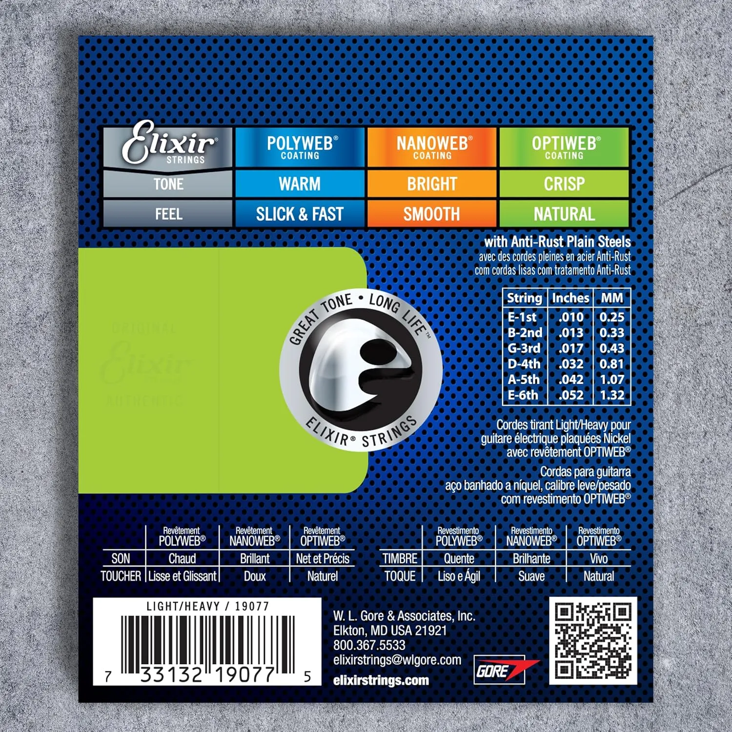 Elixir Strings, Electric Guitar Strings, Nickel Plated Steel with OPTIWEB Coating, Longest-Lasting Crisp Tone with Comfortable Feel, 6 String Set, Light/Heavy 10-52