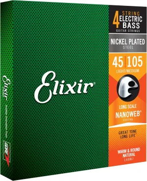 Elixir Strings Nickel Plated Steel 4-String Bass Strings w NANOWEB Coating, Extra Long Scale, Light/Medium (.045-.105)