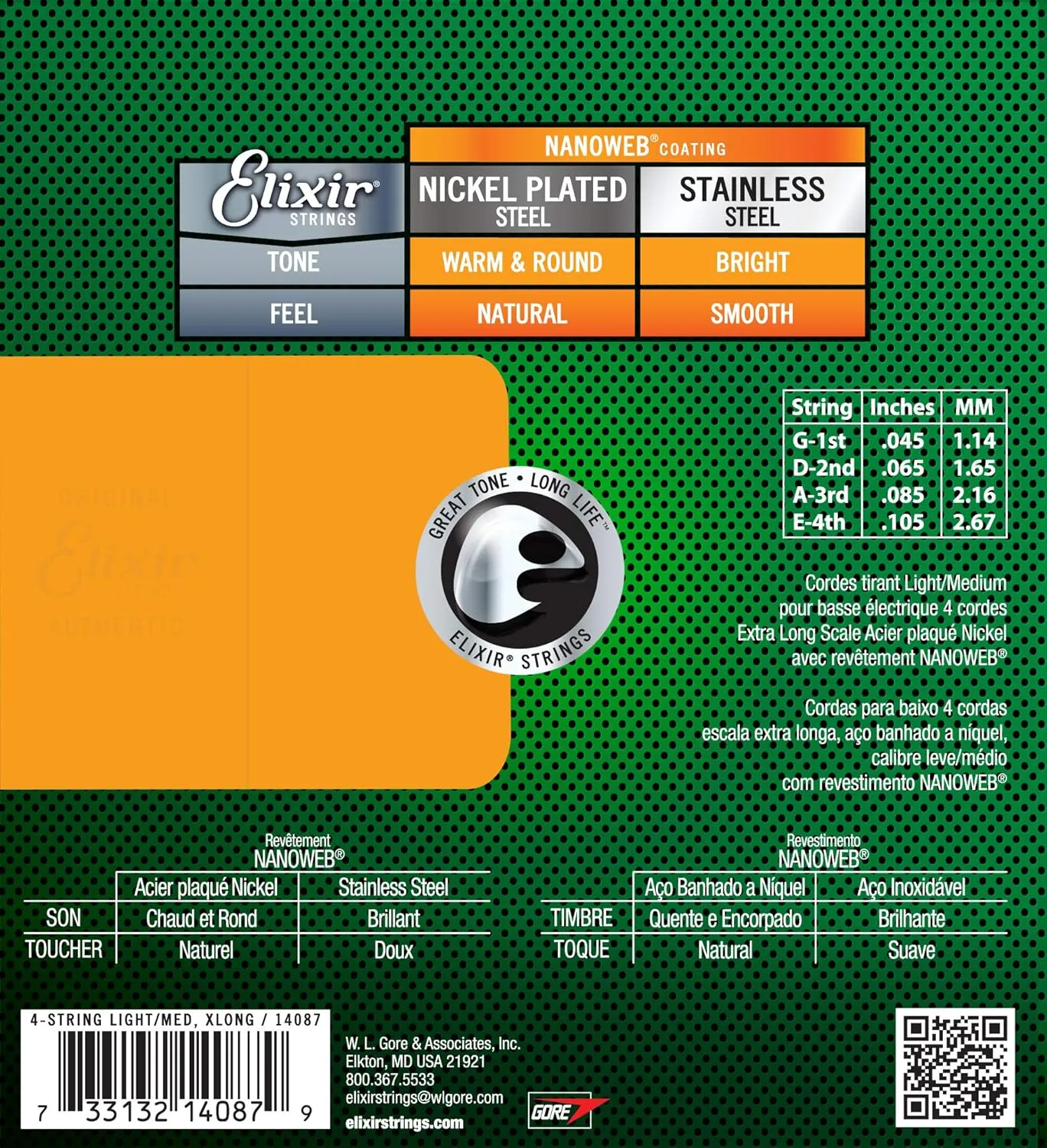 Elixir Strings Nickel Plated Steel 4-String Bass Strings w NANOWEB Coating, Extra Long Scale, Light/Medium (.045-.105)
