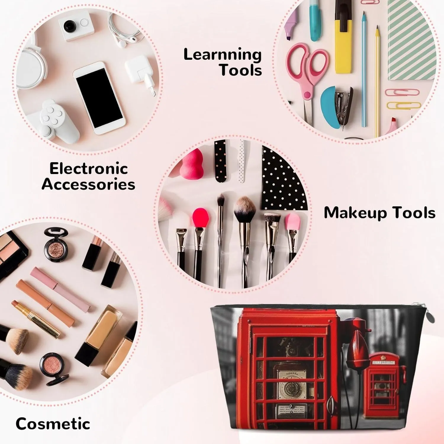 England Uk Retro London Telephone Cosmetic Bag Pu Leather Waterproof Makeup Bag Portable Travel Toiletry Bag Organizer Silver Zipper Pouch For Women Ladies Gift