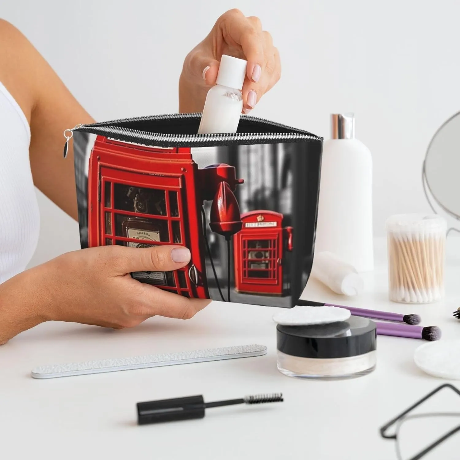 England Uk Retro London Telephone Cosmetic Bag Pu Leather Waterproof Makeup Bag Portable Travel Toiletry Bag Organizer Silver Zipper Pouch For Women Ladies Gift