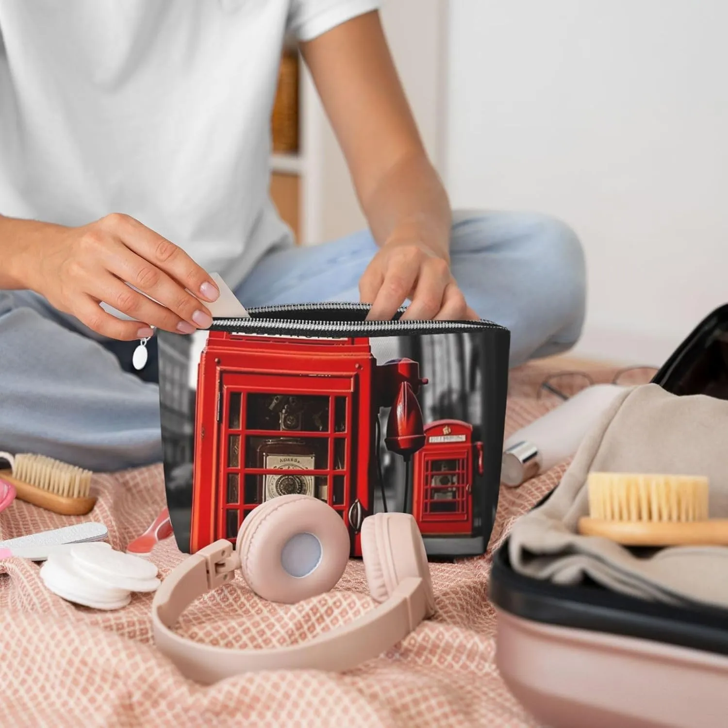 England Uk Retro London Telephone Cosmetic Bag Pu Leather Waterproof Makeup Bag Portable Travel Toiletry Bag Organizer Silver Zipper Pouch For Women Ladies Gift